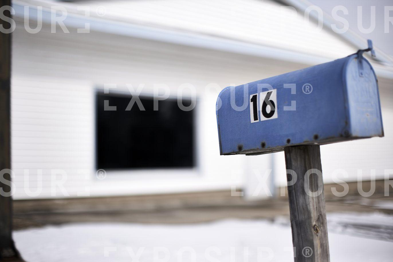 Blue mailbox near office, Iowa
